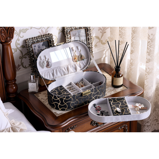 Sunvega Black Gold Piped Leatherette Jewelry Organizer Case with Mirror