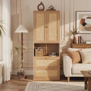 Sunvega Rattan Storage Cabinet with USB Ports and 3 Drawers for Bedroom