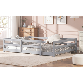 Sunvega Full Size Floor Bed with Fence for Kids Made of Sturdy Pine Wood