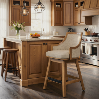 Sunvega Handcrafted Taupe Beige Cane Rattan Swivel Counter Stool with Recessed Arms