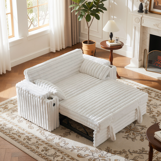 Sunvega Light Grey Corduroy Sofa Bed with Pull Out Bed and USB Charging