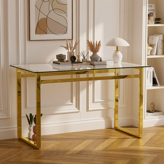 Sunvega Modern Minimalist Rectangular Glass Dining Table with Golden Chrome Metal Legs