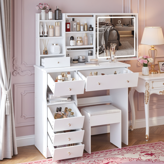 Sunvega Small Size Left Drawer Vanity Table with Cushioned Stool and LED Mirror
