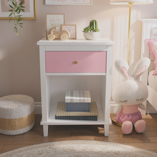 Sunvega White and Golden Kids Wooden Nightstand with One Drawer and Shelf