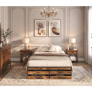 Sunvega Full Size Storage Bed Frame with LED Headboard Charging Station and 8 Drawers
