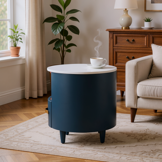 Sunvega Blue Round Nightstand with Storage Drawer and Open Shelf for Bedroom