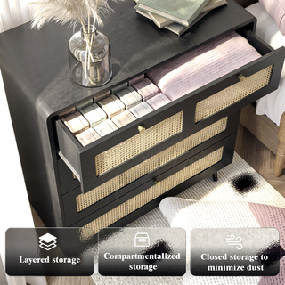 Sunvega Modern Rattan Dresser with 4 Wide Drawers and Gold Metal Handles for Bedroom