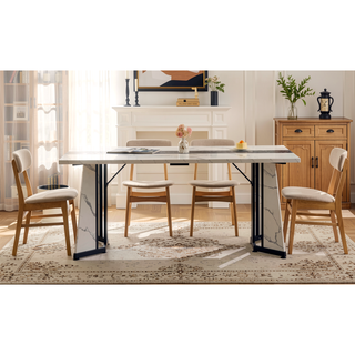 Sunvega White Marble Grain Waterproof Large Dining Table with Adjustable Legs for Kitchen