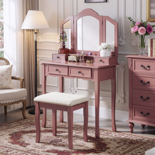 Sunvega Rose Gold Vanity Makeup Table Set with Mirror and Upholstered Bench