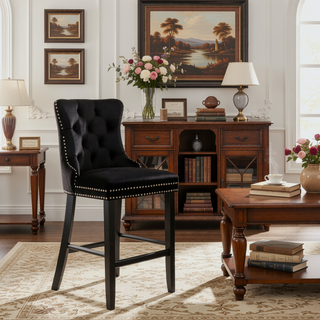 Sunvega Modern Velvet Upholstered Barstools with Button Tufted and Wooden Legs