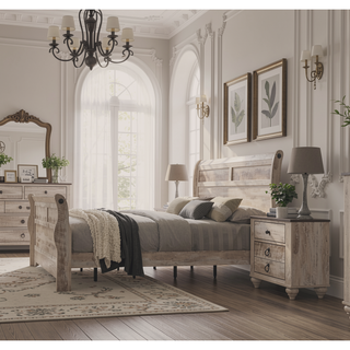 Sunvega Queen Size White Wash Finish Sleigh Bed and Two Nightstands with Antique Walnut Trim