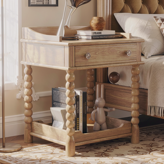 Sunvega Retro Style Queen Size Wood Platform Bed with Gourd Shaped Headboard and Slat Support