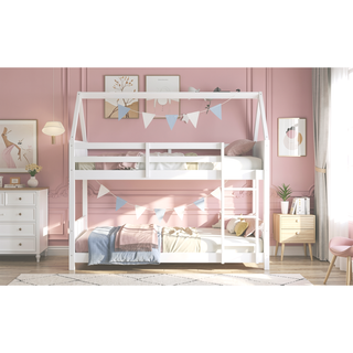 Sunvega Twin Over Twin Wooden House Bunk Bed with Headboards Footboards Guardrails Ladder