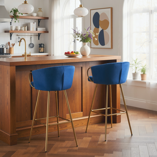 Sunvega 30 Inch Set of 2 Velvet Bar Stools with Chrome Footrest and Golden Leg