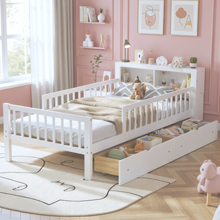 Sunvega Twin Size Bed with Headboard Storage, Two Under-Bed Drawers, and Three-Side Guardrails