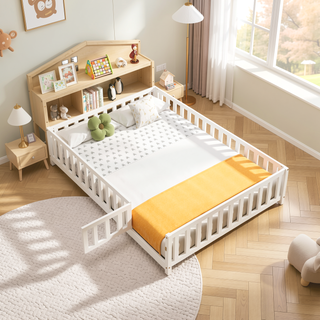 Sunvega Natural Wooden Montessori Floor Bed Frame with Fence and Door for Kids