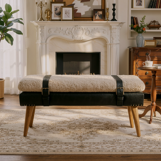 Sunvega Boucle and Black Leather Upholstered Bench with Nordic Wood Legs