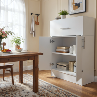 Sunvega 33" H White Light Oak Pantry Organizer Cabinet with Drawer and Shelves