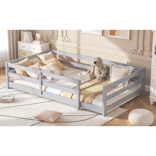 Sunvega Full Size Floor Bed with Fence for Kids Made of Sturdy Pine Wood
