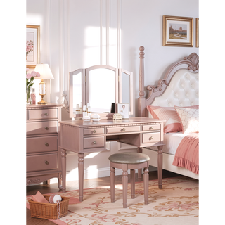 Sunvega Contemporary Black Rubber Wood Vanity Set with Foldable Mirror and Stool