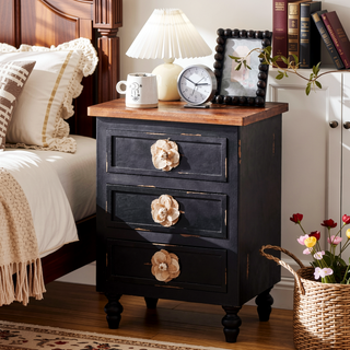 Sunvega Vintage Farmhouse End Table with Floral Knobs and Gourd Legs