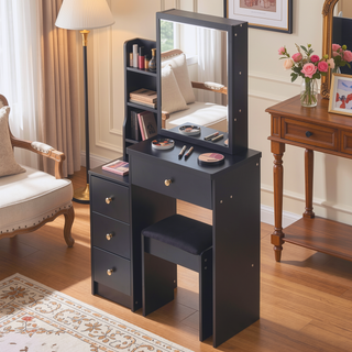 Sunvega Small Space Left Bedside Cabinet Vanity Table with Cushioned Stool and Sliding Mirror