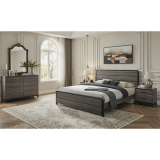 Sunvega Antique Grey Finish Wood King Bed Set with Dresser Mirror Nightstand Chest
