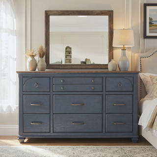 Sunvega Corduroy Blue Finish 9-Drawer Dresser with Antique Pewter Hardware