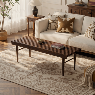 Sunvega Mid Century Modern Solid Wood Bench with Walnut Stain Finish for Living Room