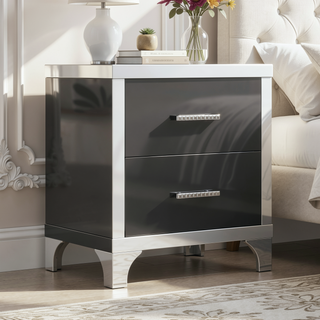 Sunvega High Gloss Mirrored Nightstand with Metal Handle and 2 Drawers for Bedroom