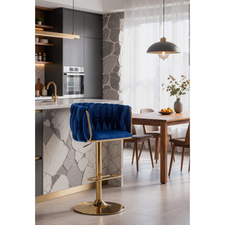 Sunvega Set of 2 Swivel Adjustable Bar Stools with Chrome Footrest and Navy Velvet