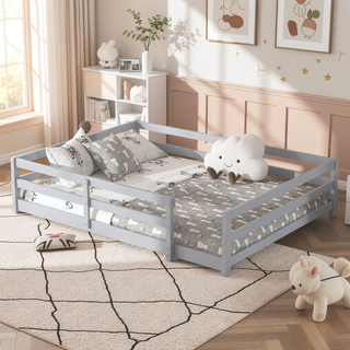 Sunvega Full Size Floor Bed with Fence for Kids Made of Sturdy Pine Wood