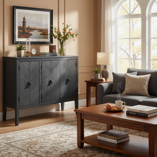 Sunvega Adjustable Shelf Storage Sideboard with Retro Metal Handles and Pinewood Legs