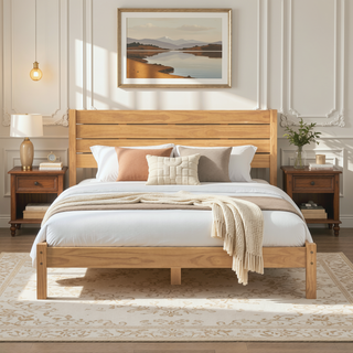 Sunvega Minimalist Boho Queen Bedframe with Slatted Headboard in Natural Pine