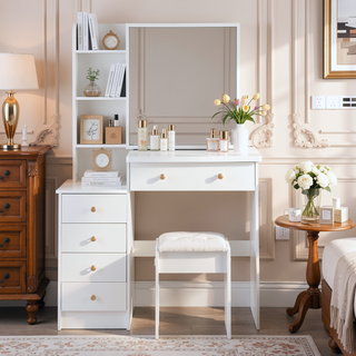 Sunvega 37 Inch Left Bedside Cabinet Vanity Table with Cushioned Stool and Sliding Mirror