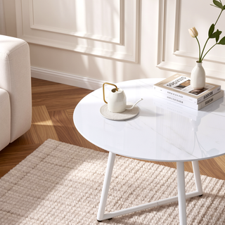 Sunvega Modern Minimalist Circular Dining Table with White Patterned Tabletop