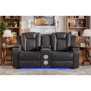 Sunvega Faux Leather Power Reclining Loveseat with LED Lighting and USB Ports