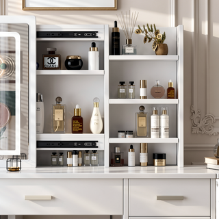 Sunvega Vanity Desk with Mirror and Lights for Makeup with 5 Drawers and Open Shelves