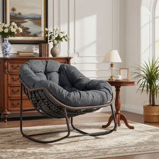 Sunvega Oversized Outdoor Rattan Rocking Chair with Padded Cushion and Steel Frame