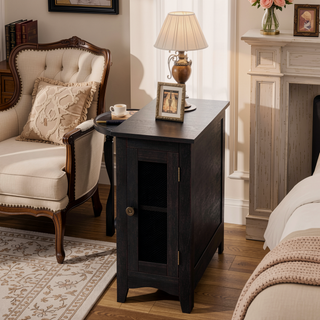Sunvega Narrow Accent Side Table with Black Veneer Finish and Closed Cabinet Storage