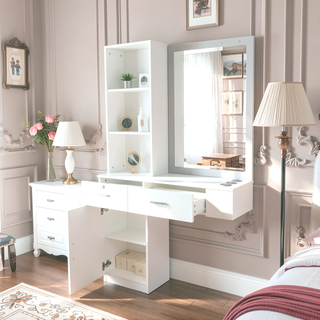 Sunvega 3 in 1 Vanity Desk with Open Top Mirror and Visible Glass Desktop