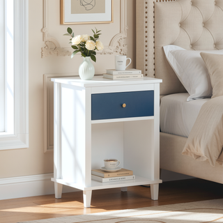 Sunvega White and Golden Kids Wooden Nightstand with One Drawer and Shelf