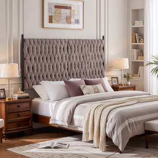 Sunvega Braided Matisse Queen Size Headboard with Grey Fabric and Black Metal Frame