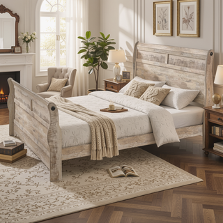 Sunvega White Wash Finish King Sleigh Bed Dresser Mirror Nightstand Bedroom Set