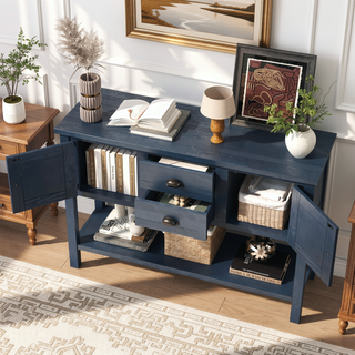 Sunvega Retro Style Solid Pine Wood Sideboard Console Table with 2 Drawers and Cabinets