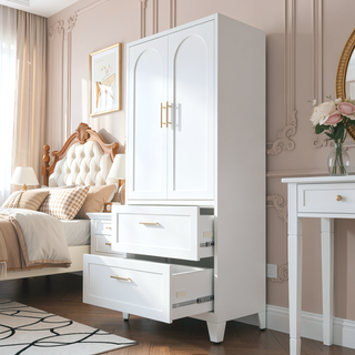 Sunvega White 71 Inch Tall Steel Wardrobe Cabinet with 2 Drawers and Adjustable Shelf
