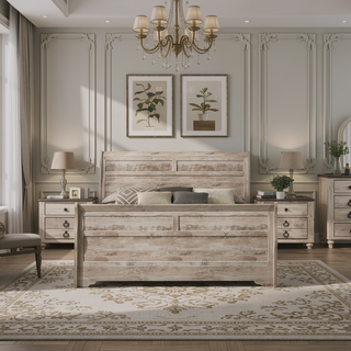 Sunvega Queen Size White Wash Finish Sleigh Bed and Two Nightstands with Antique Walnut Trim