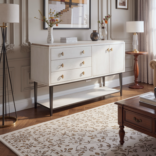 Sunvega Vanilla Oak Veneer Server with Metal Base and Soft-Close Doors
