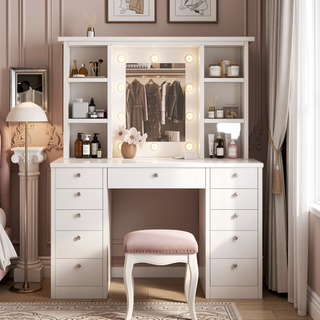 Sunvega Makeup Vanity Desk with 11 Drawers and Large Storage, 10 Bulb LED Mirror with 3 Lighting Modes