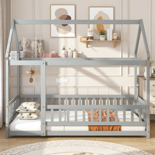 Sunvega Twin Size Wooden Floor Bed with Roof Frame and Safety Guardrails in Grey